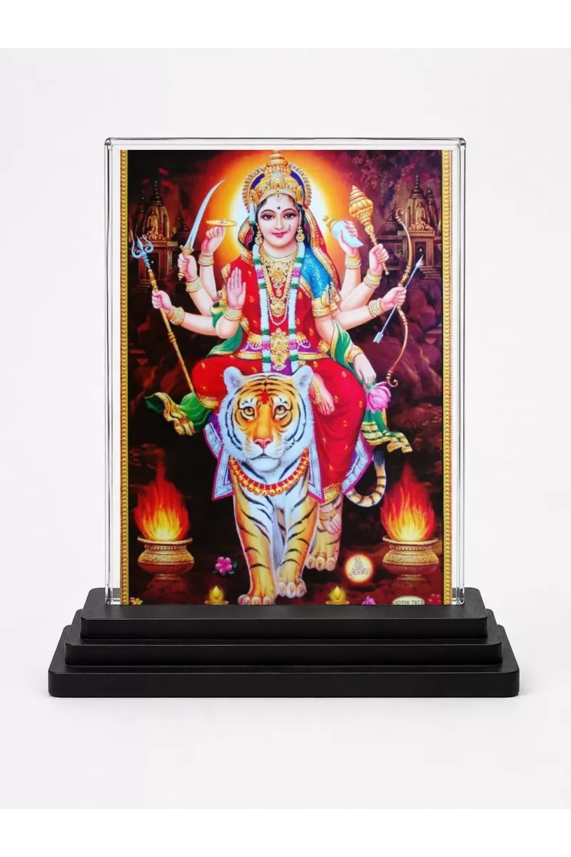 Goddess Durga Acrylic Car Dashboard Showpiece | Double-Sided Goddess Durga Photo Stand | 3 X 4 Inch Photo | Transparent Acrylic Frame With Black Base | Car Dashboard, Office & Table Decor (F71020)