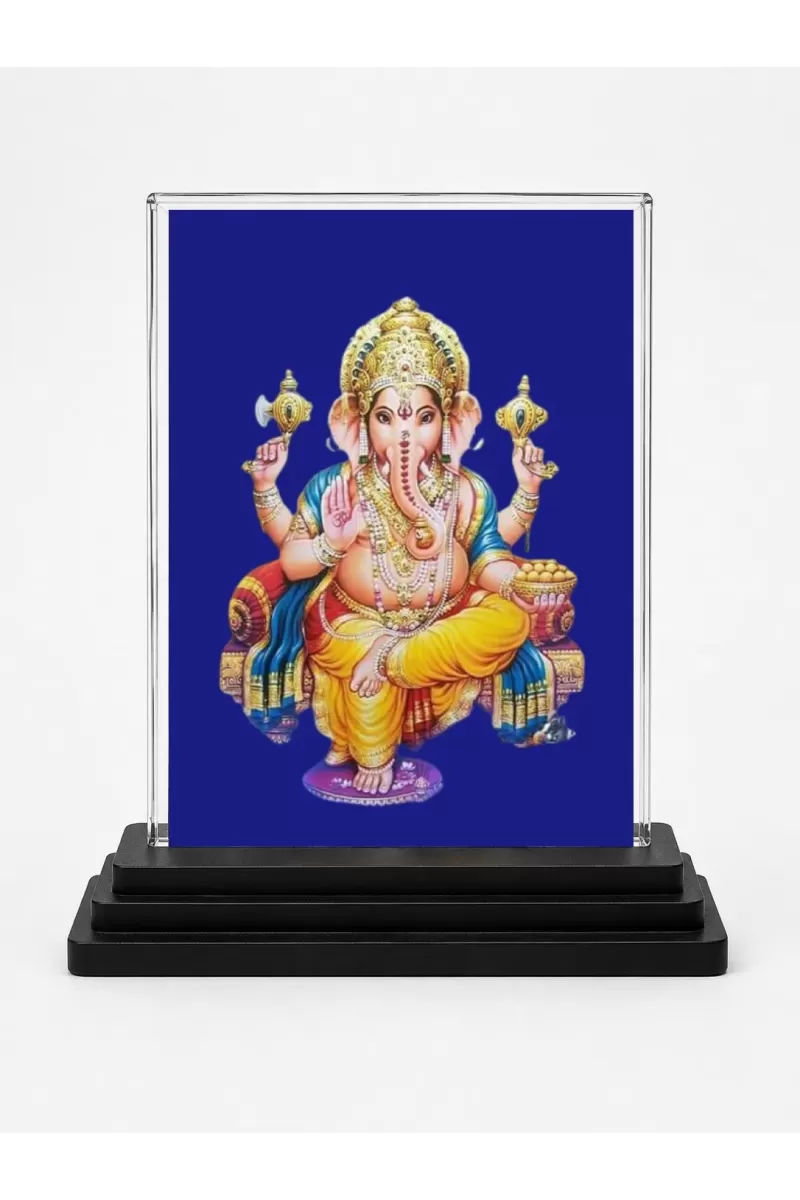Lord Ganesha Acrylic Car Dashboard Showpiece | Double-Sided Lord Ganesha Photo Stand | 3 X 4 Inch Photo | Transparent Acrylic Frame With Black Base | Car Dashboard, Office & Table Decor (F71022)