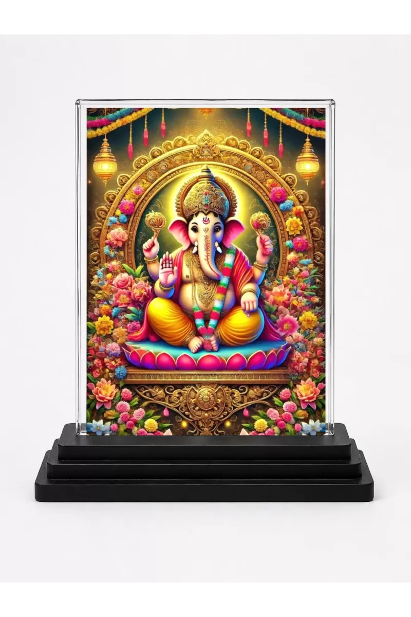 Lord Ganesha Acrylic Car Dashboard Showpiece | Double-Sided Lord Ganesha Photo Stand | 3 X 4 Inch Photo | Transparent Acrylic Frame With Black Base | Car Dashboard, Office & Table Decor (F71025)
