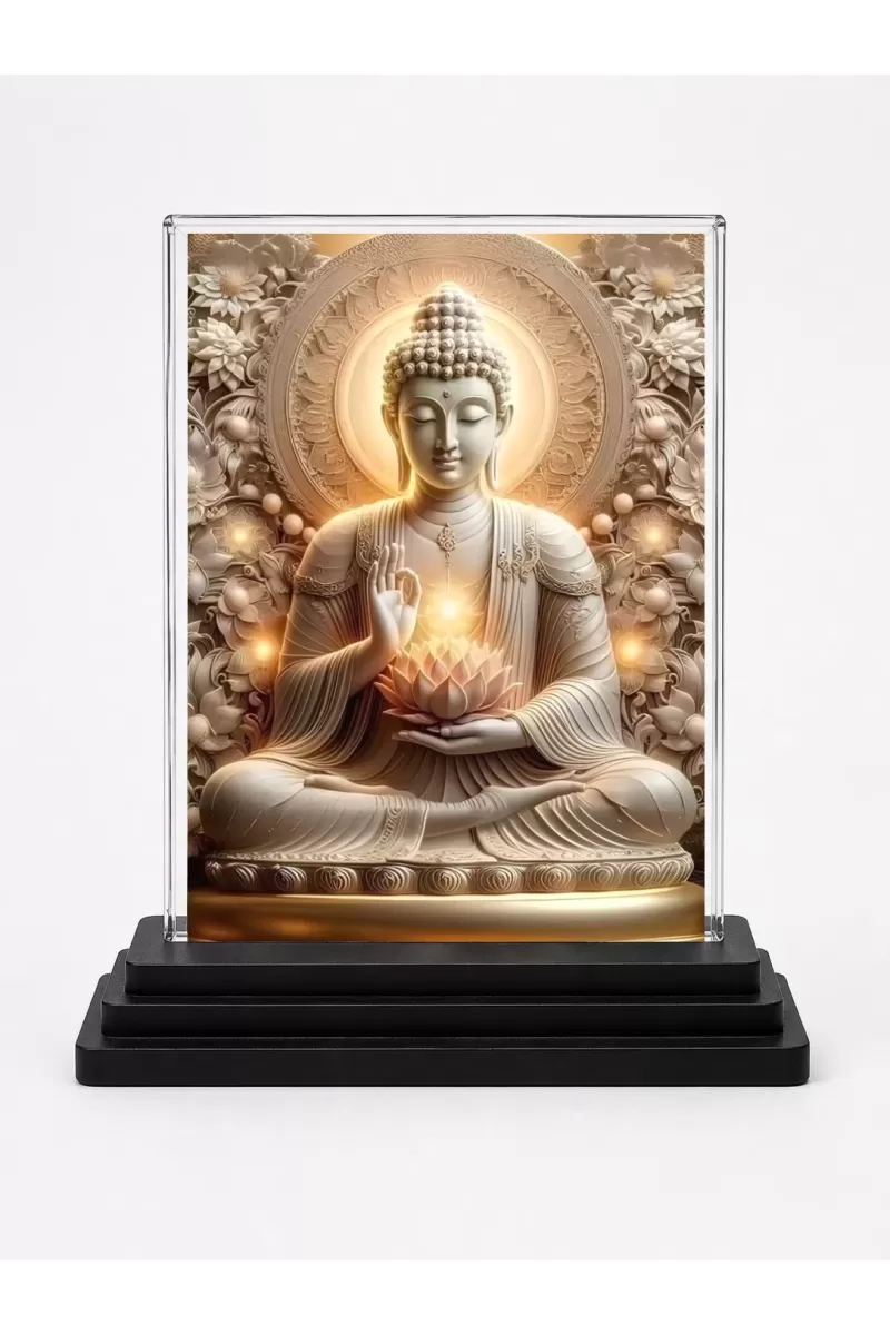 Gautama Buddha Acrylic Car Dashboard Showpiece | Double-Sided Gautama Buddha Photo Stand | 3 X 4 Inch Photo | Transparent Acrylic Frame With Black Base | Car Dashboard, Office & Table Decor (F71026)