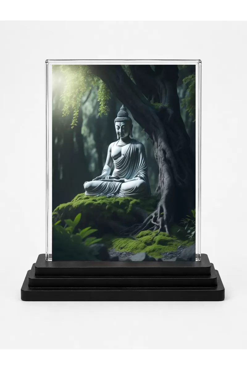 Gautama Buddha Acrylic Car Dashboard Showpiece | Double-Sided Gautama Buddha Photo Stand | 3 X 4 Inch Photo | Transparent Acrylic Frame With Black Base | Car Dashboard, Office & Table Decor (F71027)