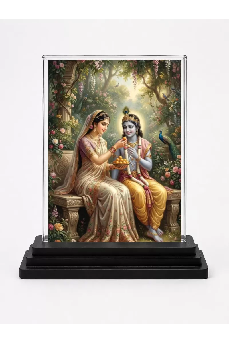 Shree Krishna Acrylic Car Dashboard Showpiece | Double-Sided Shree Krishna Photo Stand | 3 X 4 Inch Photo | Transparent Acrylic Frame With Black Base | Car Dashboard, Office & Table Decor (F71028)