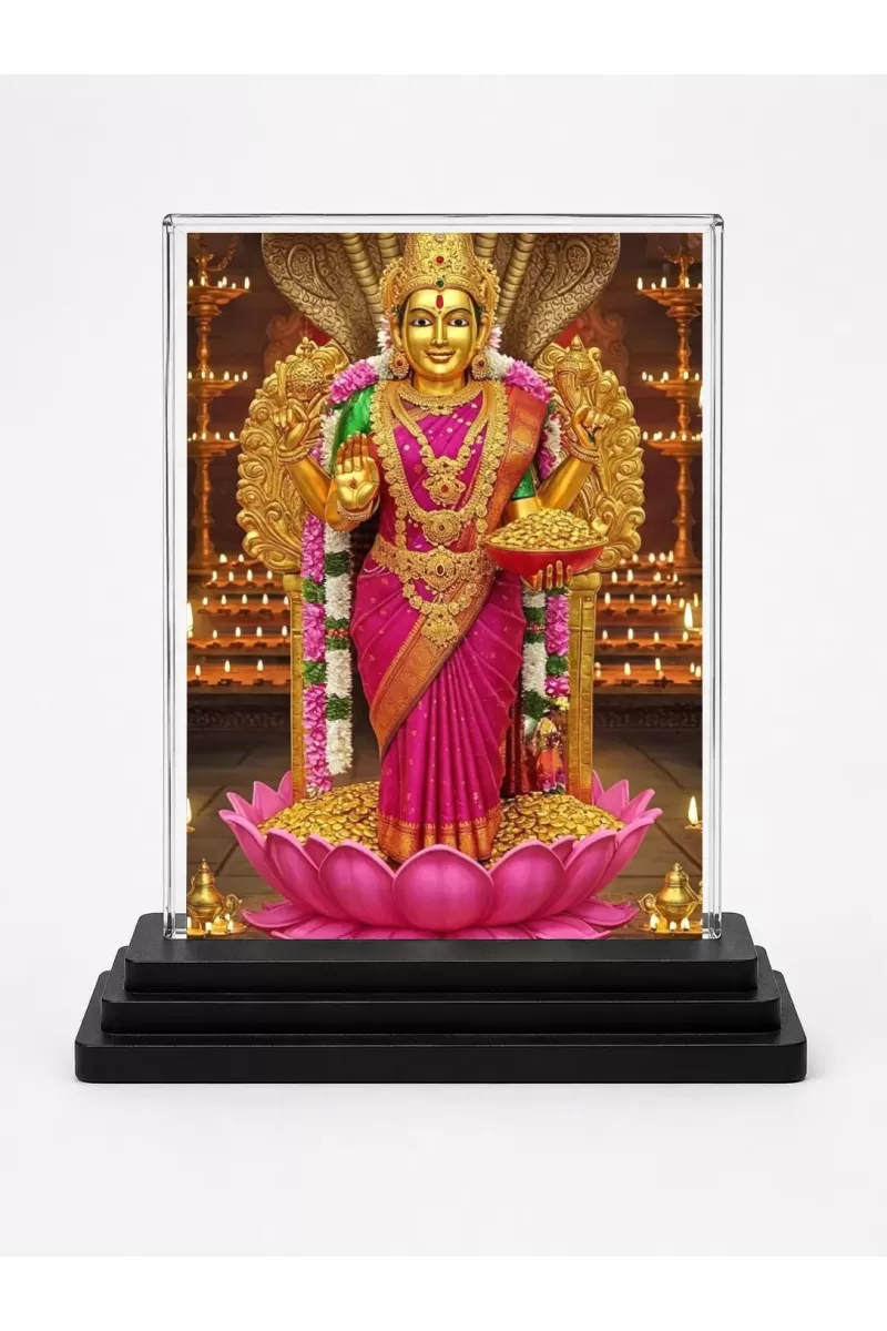 Lakshmi Acrylic Car Dashboard Showpiece | Double-Sided Lakshmi Photo Stand | 3 X 4 Inch Photo | Transparent Acrylic Frame With Black Base | Car Dashboard, Office & Table Decor (F71029)