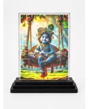 Krishna Acrylic Car Dashboard Showpiece | Double-Sided Krishna Photo Stand | 3 X 4 Inch Photo | Transparent Acrylic Frame With Black Base | Car Dashboard, Office & Table Decor (F71030)