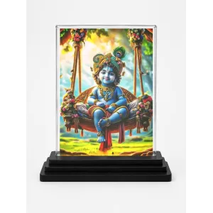 Krishna Acrylic Car Dashboard Showpiece | Double-Sided Krishna Photo Stand | 3 X 4 Inch Photo | Transparent Acrylic Frame With Black Base | Car Dashboard, Office & Table Decor (F71030)