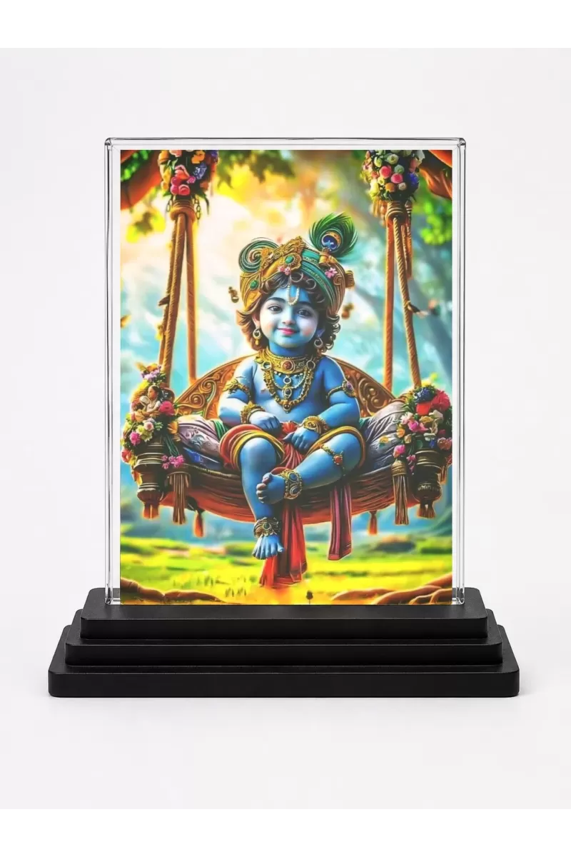 Krishna Acrylic Car Dashboard Showpiece | Double-Sided Krishna Photo Stand | 3 X 4 Inch Photo | Transparent Acrylic Frame With Black Base | Car Dashboard, Office & Table Decor (F71030)