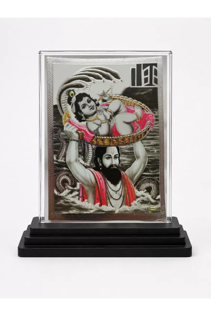 Vasudeva And Shree Krishna Acrylic Car Dashboard Showpiece | Double-Sided Vasudeva And Shree Krishna Photo Stand | 3 X 4 Inch Photo | Transparent Acrylic Frame With Black Base | Car Dashboard, Office & Table Decor (F71032)