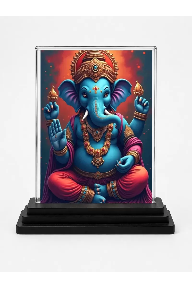 Ganesha Acrylic Car Dashboard Showpiece | Double-Sided Ganesha Photo Stand | 3 X 4 Inch Photo | Transparent Acrylic Frame With Black Base | Car Dashboard, Office & Table Decor (F71033)