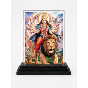 Goddess Durga Acrylic Car Dashboard Showpiece | Double-Sided Goddess Durga Photo Stand | 3 X 4 Inch Photo | Transparent Acrylic Frame With Black Base | Car Dashboard, Office & Table Decor (F71034)