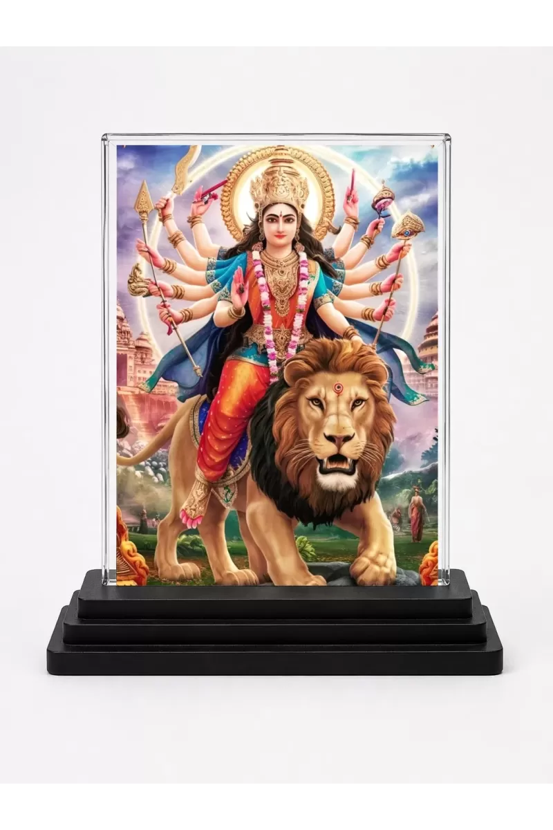Goddess Durga Acrylic Car Dashboard Showpiece | Double-Sided Goddess Durga Photo Stand | 3 X 4 Inch Photo | Transparent Acrylic Frame With Black Base | Car Dashboard, Office & Table Decor (F71034)