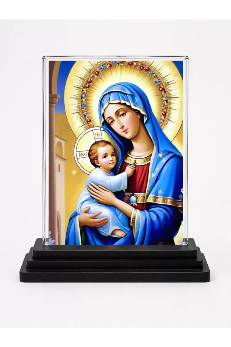 Mary And Jesus Acrylic Car Dashboard Showpiece | Double-Sided Mary And Jesus Photo Stand | 3 X 4 Inch Photo | Transparent Acrylic Frame With Black Base | Car Dashboard, Office & Table Decor (F71036)