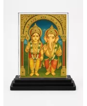 Lord Ganesha And Lord Ganesha Acrylic Car Dashboard Showpiece | Double-Sided Lord Ganesha And Lord Ganesha Photo Stand | 3 X 4 Inch Photo | Transparent Acrylic Frame With Black Base | Car Dashboard, Office & Table Decor (F71037)