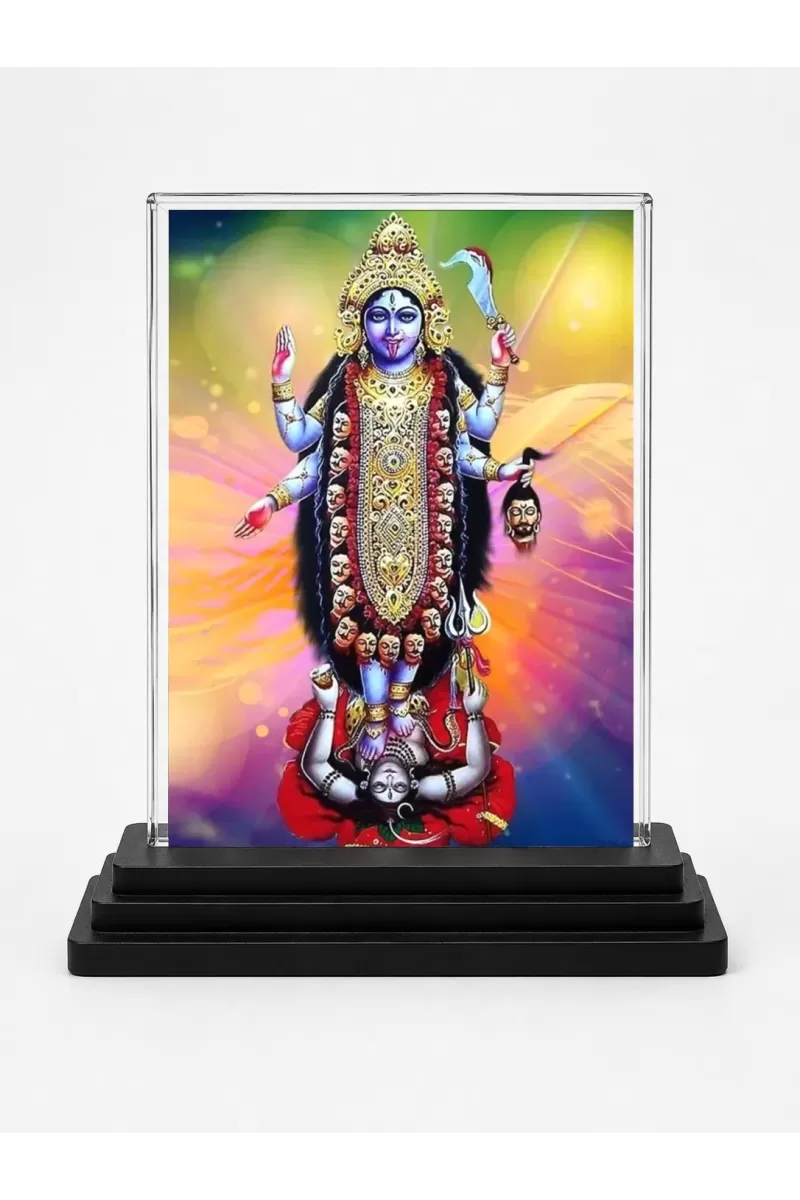 Goddess Kali Acrylic Car Dashboard Showpiece | Double-Sided Goddess Kali Photo Stand | 3 X 4 Inch Photo | Transparent Acrylic Frame With Black Base | Car Dashboard, Office & Table Decor (F71039)