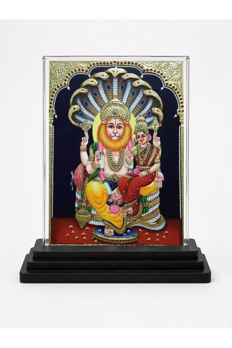 Narasimha Acrylic Car Dashboard Showpiece | Double-Sided Narasimha Photo Stand | 3 X 4 Inch Photo | Transparent Acrylic Frame With Black Base | Car Dashboard, Office & Table Decor (F71042)