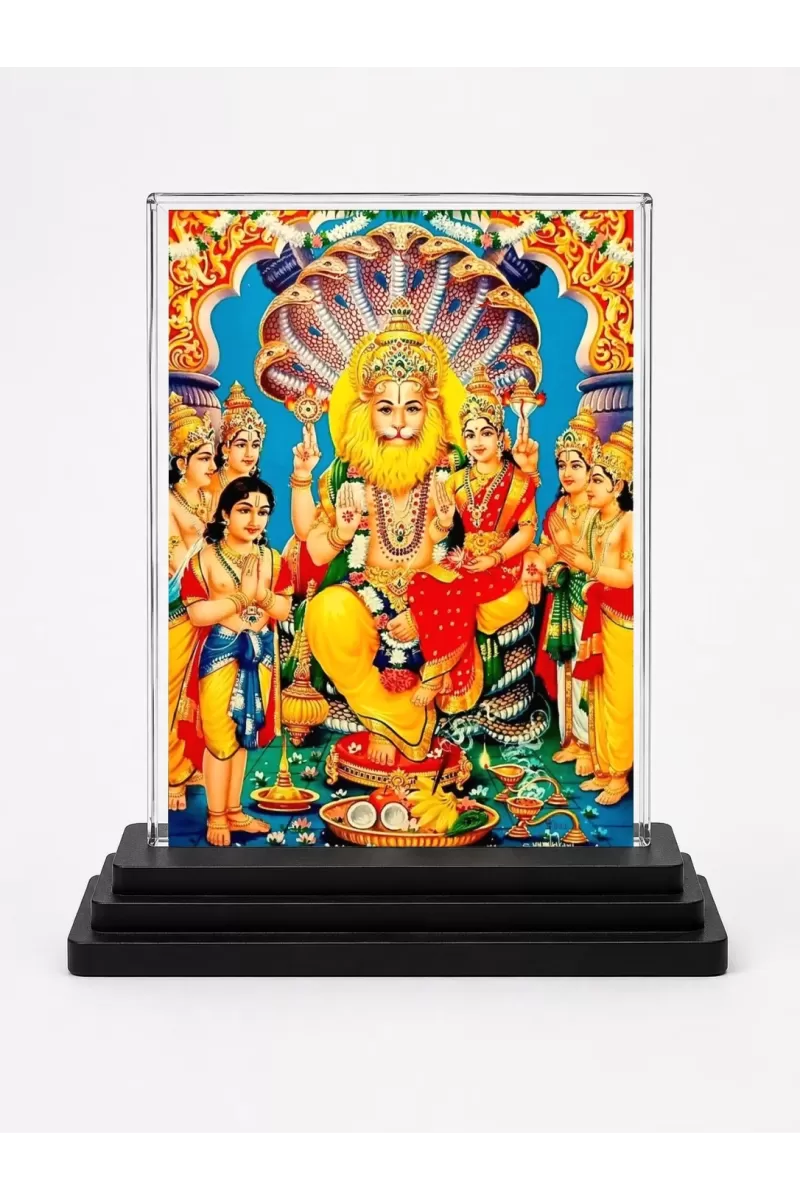 Narasimha Acrylic Car Dashboard Showpiece | Double-Sided Narasimha Photo Stand | 3 X 4 Inch Photo | Transparent Acrylic Frame With Black Base | Car Dashboard, Office & Table Decor (F71044)