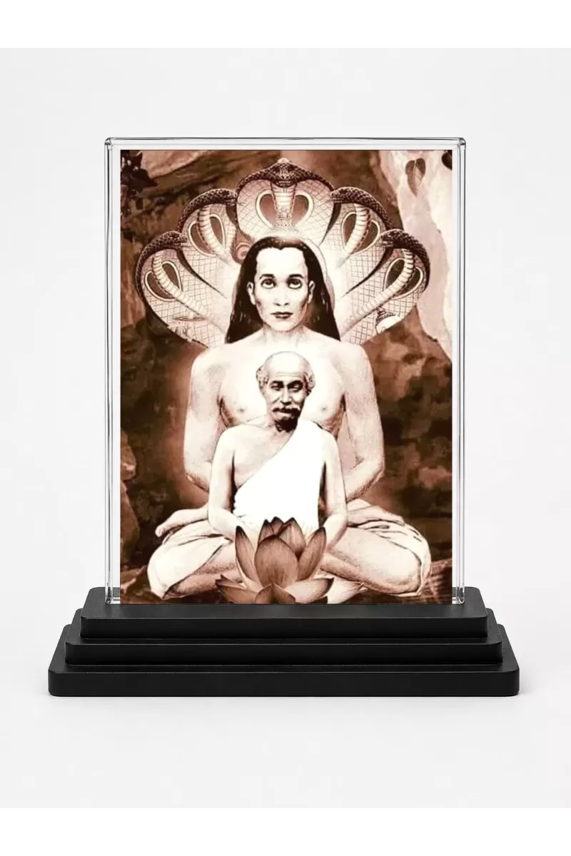 Mahaavatar Babaji Acrylic Car Dashboard Showpiece | Double-Sided Mahaavatar Babaji Photo Stand | 3 X 4 Inch Photo | Transparent Acrylic Frame With Black Base | Car Dashboard, Office & Table Decor (F71048)