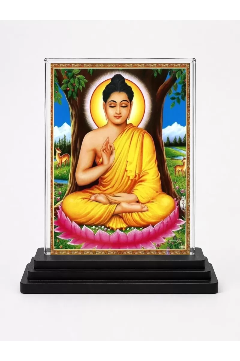 Gautama Buddha Acrylic Car Dashboard Showpiece | Double-Sided Gautama Buddha Photo Stand | 3 X 4 Inch Photo | Transparent Acrylic Frame With Black Base | Car Dashboard, Office & Table Decor (F71049)