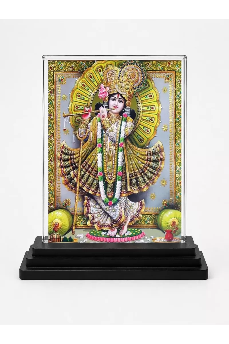 Shree Krishna Acrylic Car Dashboard Showpiece | Double-Sided Shree Krishna Photo Stand | 3 X 4 Inch Photo | Transparent Acrylic Frame With Black Base | Car Dashboard, Office & Table Decor (F71053)