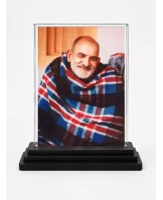 Neem Karoli Baba Acrylic Car Dashboard Showpiece | Double-Sided Neem Karoli Baba Photo Stand | 3 X 4 Inch Photo | Transparent Acrylic Frame With Black Base | Car Dashboard, Office & Table Decor (F71056)