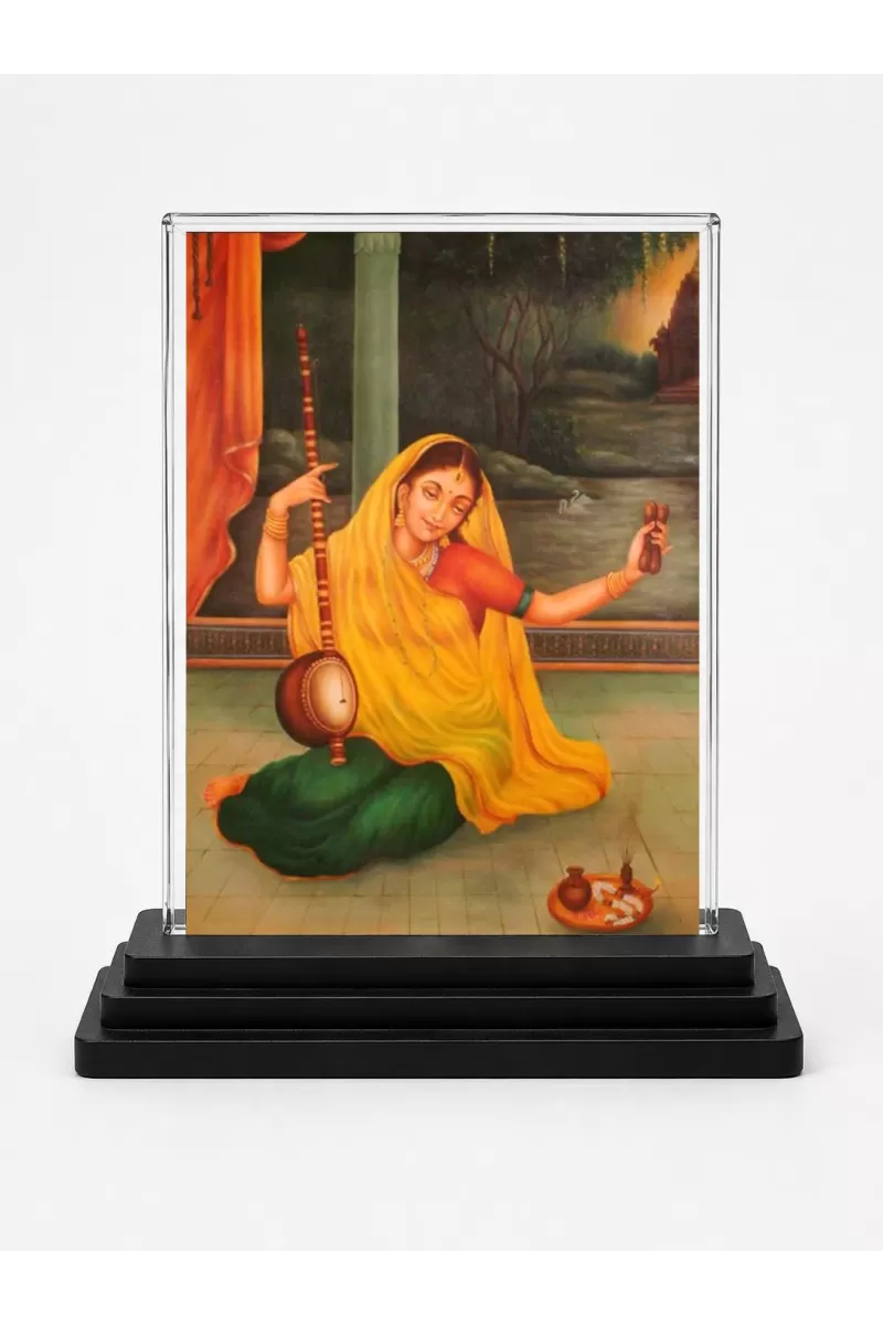 Shree Radha Acrylic Car Dashboard Showpiece | Double-Sided Shree Radha Photo Stand | 3 X 4 Inch Photo | Transparent Acrylic Frame With Black Base | Car Dashboard, Office & Table Decor (F71062)