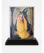 Shree Radha Acrylic Car Dashboard Showpiece | Double-Sided Shree Radha Photo Stand | 3 X 4 Inch Photo | Transparent Acrylic Frame With Black Base | Car Dashboard, Office & Table Decor (F71064)