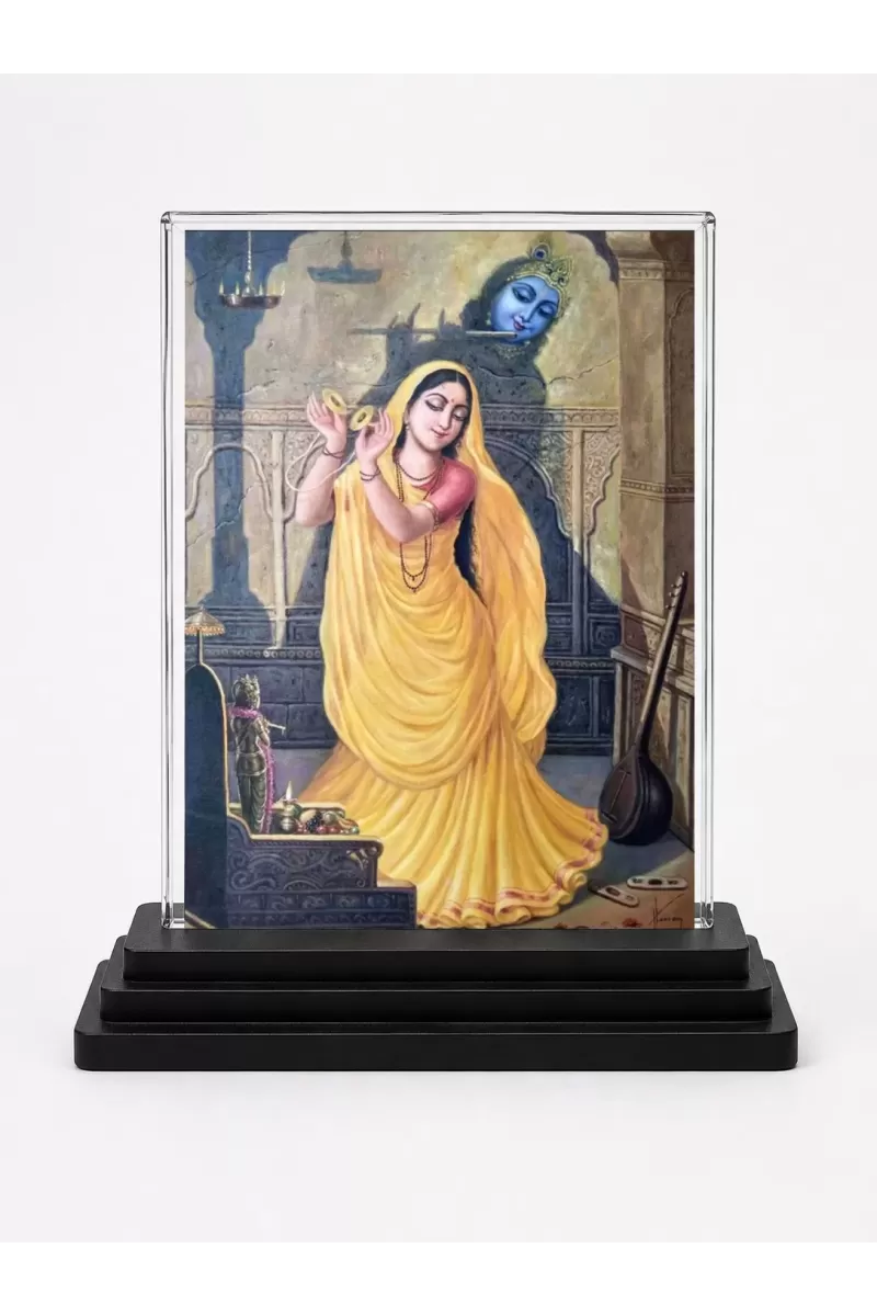 Shree Radha Acrylic Car Dashboard Showpiece | Double-Sided Shree Radha Photo Stand | 3 X 4 Inch Photo | Transparent Acrylic Frame With Black Base | Car Dashboard, Office & Table Decor (F71064)