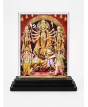 Goddess Durga Acrylic Car Dashboard Showpiece | Double-Sided Goddess Durga Photo Stand | 3 X 4 Inch Photo | Transparent Acrylic Frame With Black Base | Car Dashboard, Office & Table Decor (F71065)