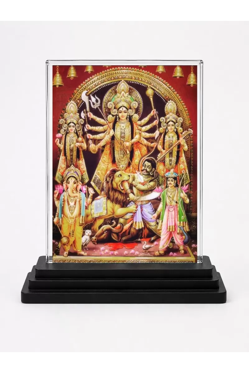 Goddess Durga Acrylic Car Dashboard Showpiece | Double-Sided Goddess Durga Photo Stand | 3 X 4 Inch Photo | Transparent Acrylic Frame With Black Base | Car Dashboard, Office & Table Decor (F71065)