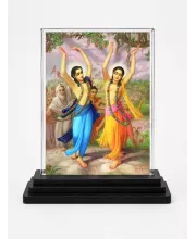 Shree Chaitannya Acrylic Car Dashboard Showpiece | Double-Sided Shree Chaitannya Photo Stand | 3 X 4 Inch Photo | Transparent Acrylic Frame With Black Base | Car Dashboard, Office & Table Decor (F71067)