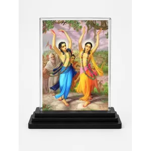 Shree Chaitannya Acrylic Car Dashboard Showpiece | Double-Sided Shree Chaitannya Photo Stand | 3 X 4 Inch Photo | Transparent Acrylic Frame With Black Base | Car Dashboard, Office & Table Decor (F71067)