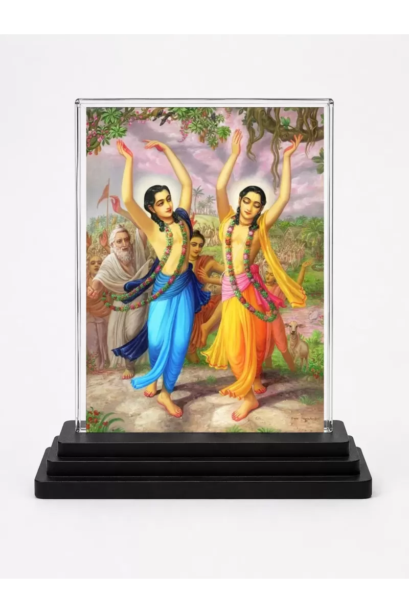 Shree Chaitannya Acrylic Car Dashboard Showpiece | Double-Sided Shree Chaitannya Photo Stand | 3 X 4 Inch Photo | Transparent Acrylic Frame With Black Base | Car Dashboard, Office & Table Decor (F71067)