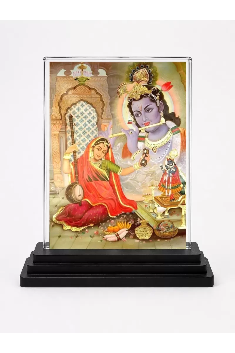 Shree Krishna Acrylic Car Dashboard Showpiece | Double-Sided Shree Krishna Photo Stand | 3 X 4 Inch Photo | Transparent Acrylic Frame With Black Base | Car Dashboard, Office & Table Decor (F71068)