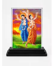 Shree Chaitannya Acrylic Car Dashboard Showpiece | Double-Sided Shree Chaitannya Photo Stand | 3 X 4 Inch Photo | Transparent Acrylic Frame With Black Base | Car Dashboard, Office & Table Decor (F71071)