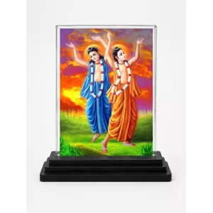 Shree Chaitannya Acrylic Car Dashboard Showpiece | Double-Sided Shree Chaitannya Photo Stand | 3 X 4 Inch Photo | Transparent Acrylic Frame With Black Base | Car Dashboard, Office & Table Decor (F71071)