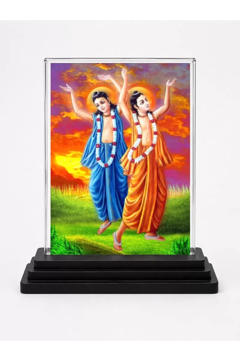 Shree Chaitannya Acrylic Car Dashboard Showpiece | Double-Sided Shree Chaitannya Photo Stand | 3 X 4 Inch Photo | Transparent Acrylic Frame With Black Base | Car Dashboard, Office & Table Decor (F71071)