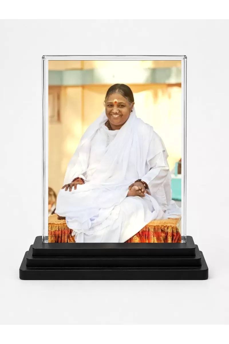 Mata Amritanandamayi (Amma) Acrylic Car Dashboard Showpiece | Double-Sided Mata Amritanandamayi (Amma) Photo Stand | 3 X 4 Inch Photo | Transparent Acrylic Frame With Black Base | Car Dashboard, Office & Table Decor (F71072)