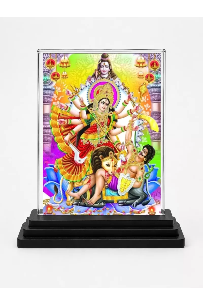 Goddess Durga Acrylic Car Dashboard Showpiece | Double-Sided Goddess Durga Photo Stand | 3 X 4 Inch Photo | Transparent Acrylic Frame With Black Base | Car Dashboard, Office & Table Decor (F71073)