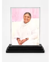 Mata Amritanandamayi (Amma) Acrylic Car Dashboard Showpiece | Double-Sided Mata Amritanandamayi (Amma) Photo Stand | 3 X 4 Inch Photo | Transparent Acrylic Frame With Black Base | Car Dashboard, Office & Table Decor (F71074)