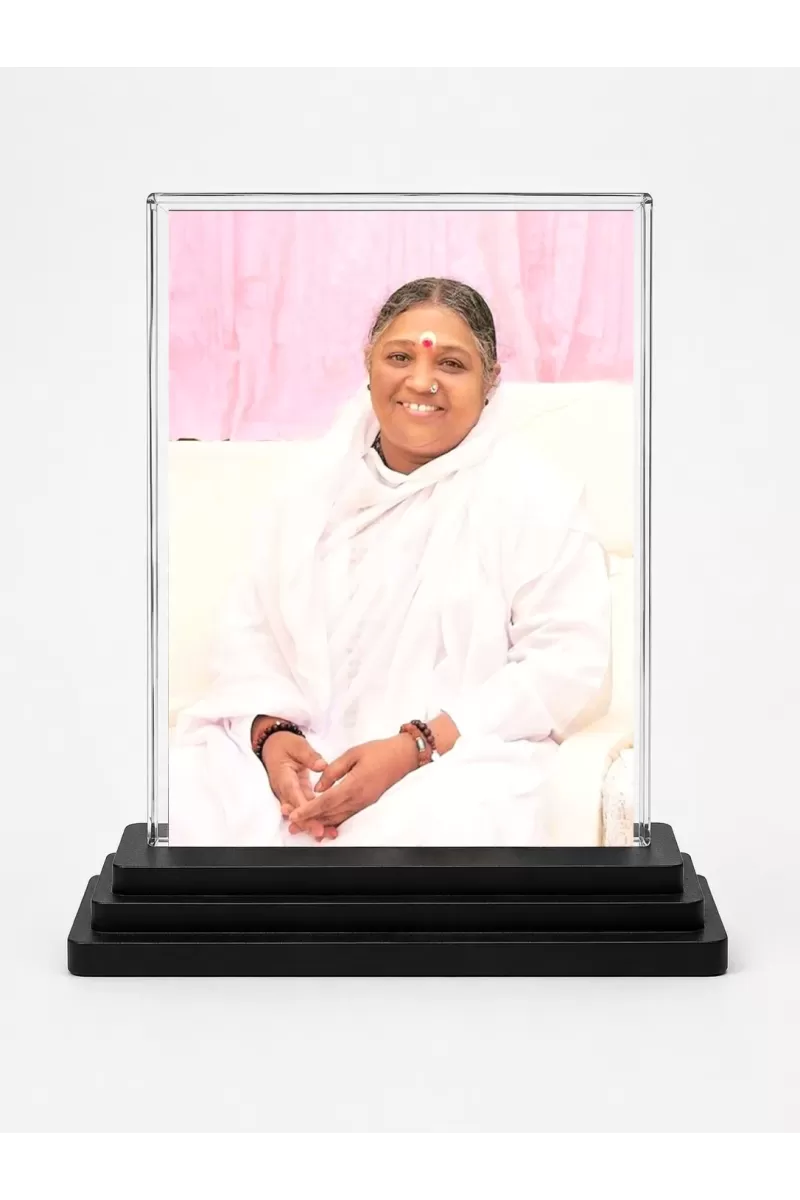 Mata Amritanandamayi (Amma) Acrylic Car Dashboard Showpiece | Double-Sided Mata Amritanandamayi (Amma) Photo Stand | 3 X 4 Inch Photo | Transparent Acrylic Frame With Black Base | Car Dashboard, Office & Table Decor (F71074)