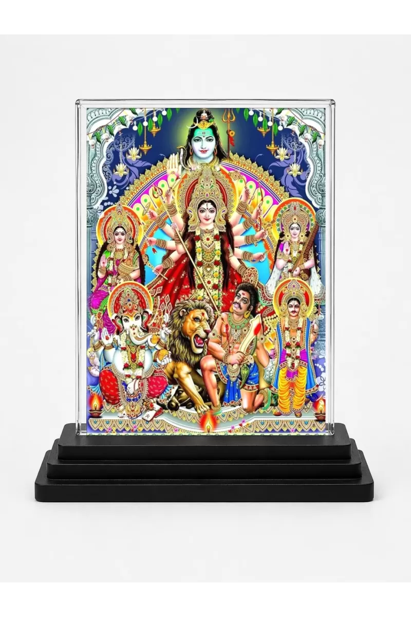 Goddess Durga Acrylic Car Dashboard Showpiece | Double-Sided Goddess Durga Photo Stand | 3 X 4 Inch Photo | Transparent Acrylic Frame With Black Base | Car Dashboard, Office & Table Decor (F71075)