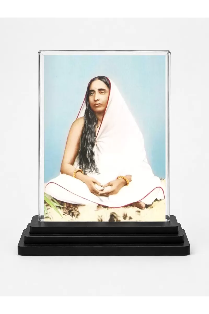 Maa Sarada Devi Acrylic Car Dashboard Showpiece | Double-Sided Maa Sarada Devi Photo Stand | 3 X 4 Inch Photo | Transparent Acrylic Frame With Black Base | Car Dashboard, Office & Table Decor (F71078)