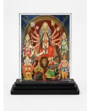 Goddess Durga Acrylic Car Dashboard Showpiece | Double-Sided Goddess Durga Photo Stand | 3 X 4 Inch Photo | Transparent Acrylic Frame With Black Base | Car Dashboard, Office & Table Decor (F71079)