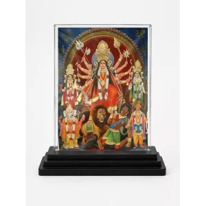 Goddess Durga Acrylic Car Dashboard Showpiece | Double-Sided Goddess Durga Photo Stand | 3 X 4 Inch Photo | Transparent Acrylic Frame With Black Base | Car Dashboard, Office & Table Decor (F71079)