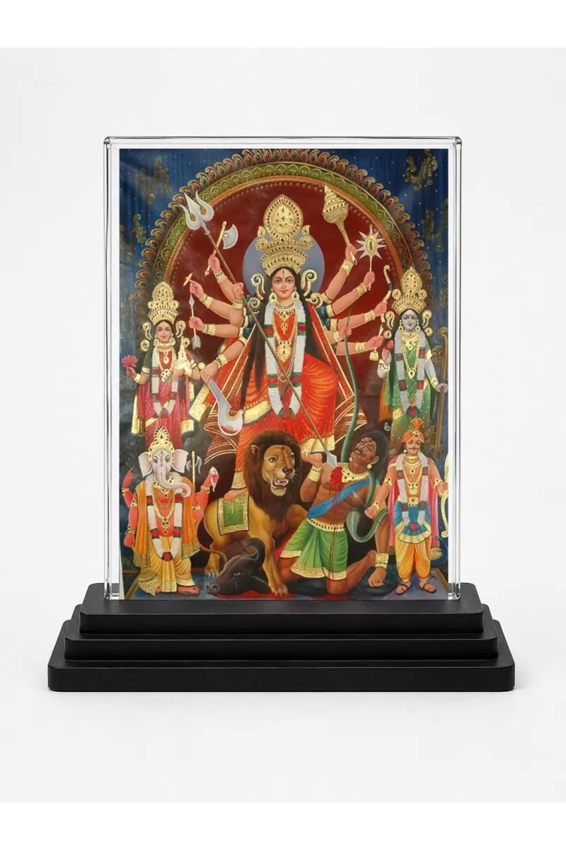 Goddess Durga Acrylic Car Dashboard Showpiece | Double-Sided Goddess Durga Photo Stand | 3 X 4 Inch Photo | Transparent Acrylic Frame With Black Base | Car Dashboard, Office & Table Decor (F71079)