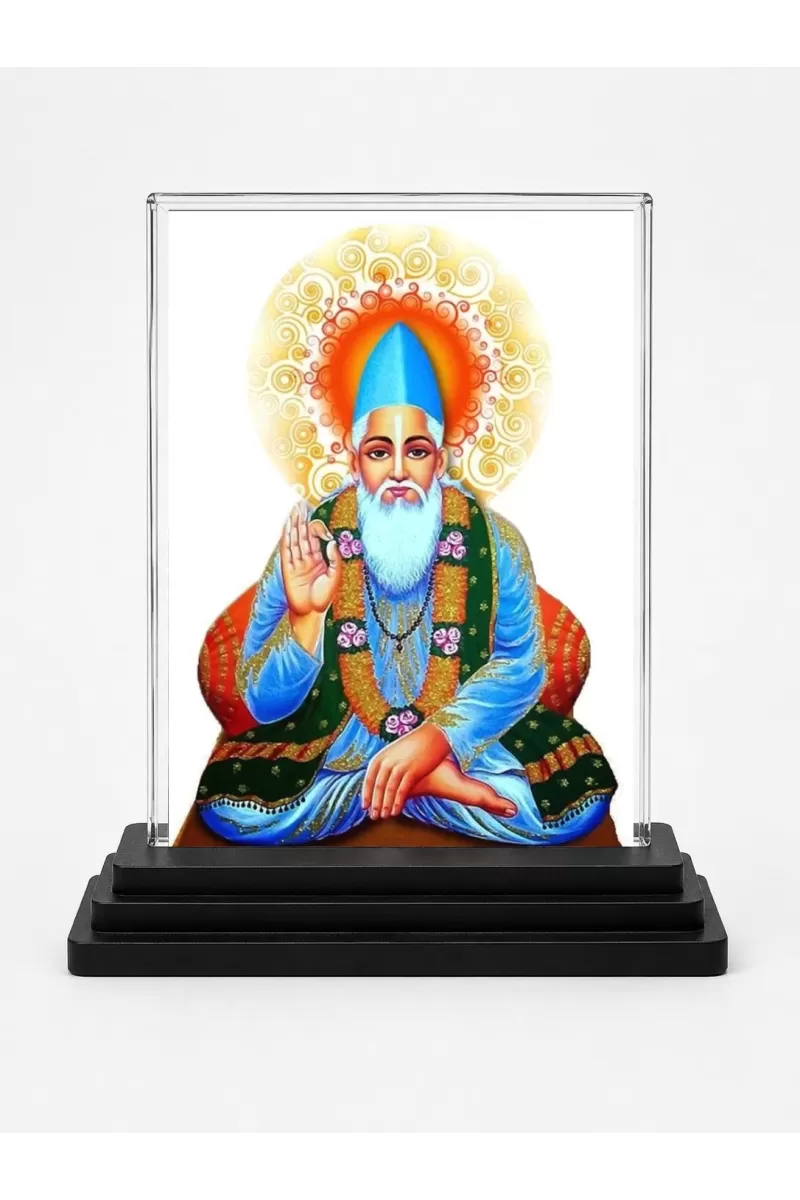 Guru Nanak Acrylic Car Dashboard Showpiece | Double-Sided Guru Nanak Photo Stand | 3 X 4 Inch Photo | Transparent Acrylic Frame With Black Base | Car Dashboard, Office & Table Decor (F71084)