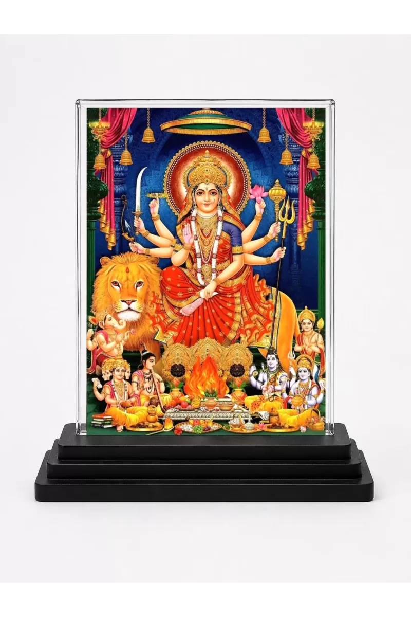 Goddess Durga Acrylic Car Dashboard Showpiece | Double-Sided Goddess Durga Photo Stand | 3 X 4 Inch Photo | Transparent Acrylic Frame With Black Base | Car Dashboard, Office & Table Decor (F71085)