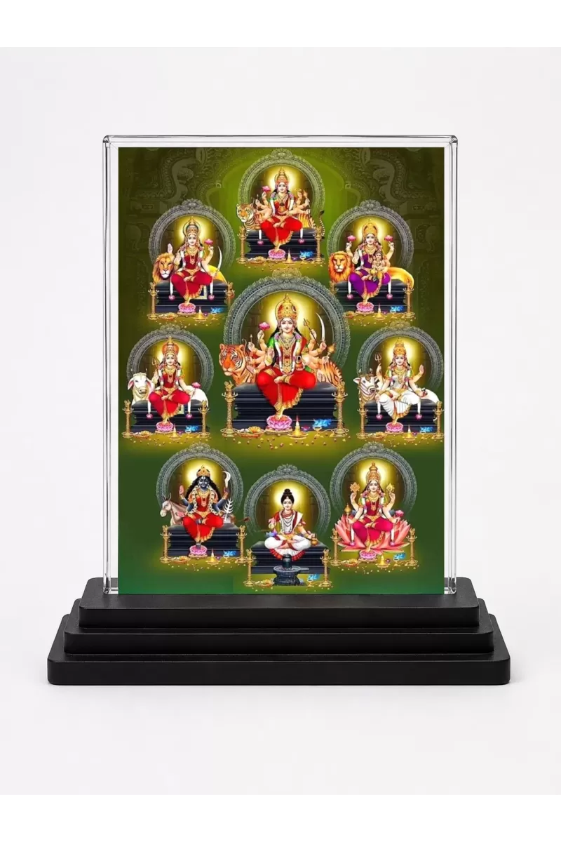 NavGoddess Durga Acrylic Car Dashboard Showpiece | Double-Sided NavGoddess Durga Photo Stand | 3 X 4 Inch Photo | Transparent Acrylic Frame With Black Base | Car Dashboard, Office & Table Decor (F71089)