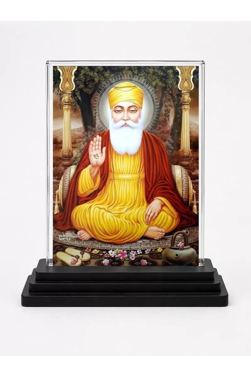 Guru Nanak Acrylic Car Dashboard Showpiece | Double-Sided Guru Nanak Photo Stand | 3 X 4 Inch Photo | Transparent Acrylic Frame With Black Base | Car Dashboard, Office & Table Decor (F71093)