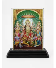 Goddess Durga Acrylic Car Dashboard Showpiece | Double-Sided Goddess Durga Photo Stand | 3 X 4 Inch Photo | Transparent Acrylic Frame With Black Base | Car Dashboard, Office & Table Decor (F71094)