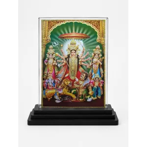 Goddess Durga Acrylic Car Dashboard Showpiece | Double-Sided Goddess Durga Photo Stand | 3 X 4 Inch Photo | Transparent Acrylic Frame With Black Base | Car Dashboard, Office & Table Decor (F71094)